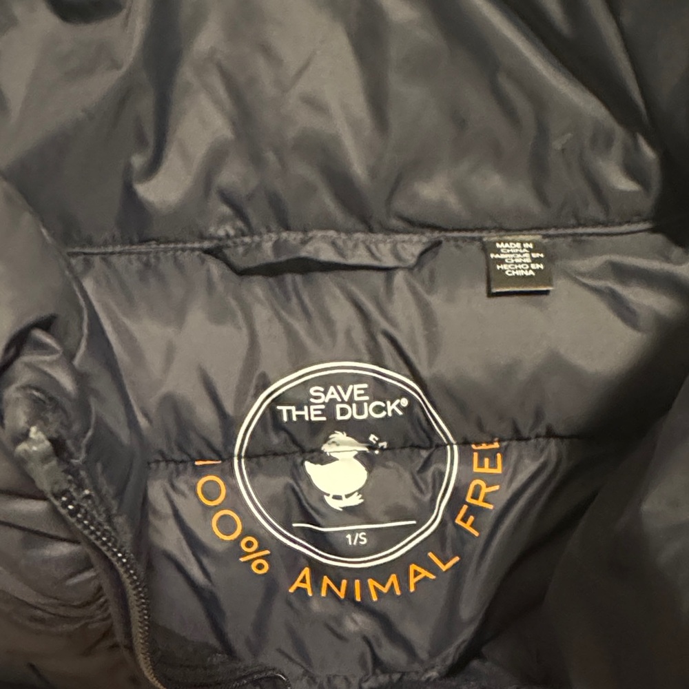 SAVE THE DUCK Navy Blue Quilted Puffer Jacket with Orange Zip Pull - Picture 2 of 4